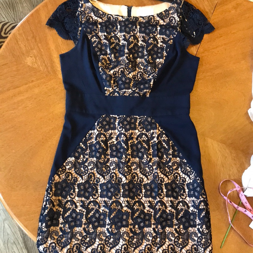 Navy/nude lace cocktail dress